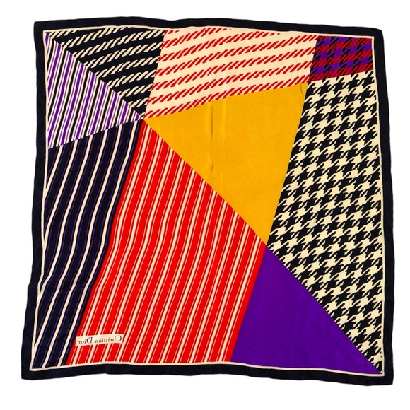 Vintage Christian Dior Silk Scarf Bold Geometric Print Stripes & Houndstooth - Picture 2 of 11